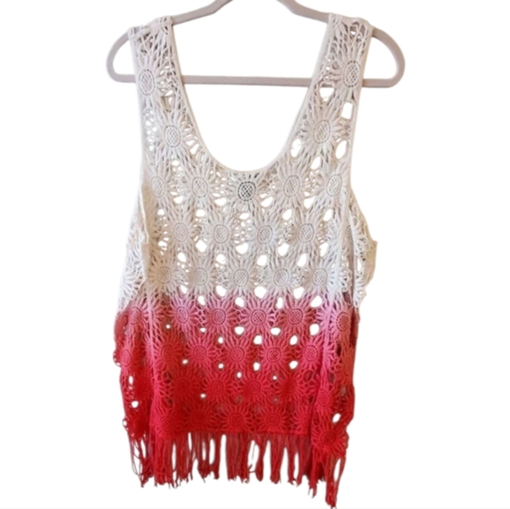 Deb Womens 3X Crochet Sunflower Ombre Fringe Tank Top Pink Cream Boho Festival